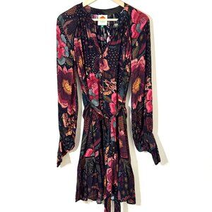 Farm Rio River Creatures Black Floral Mini Dress Tie Belt Button Front Tassels